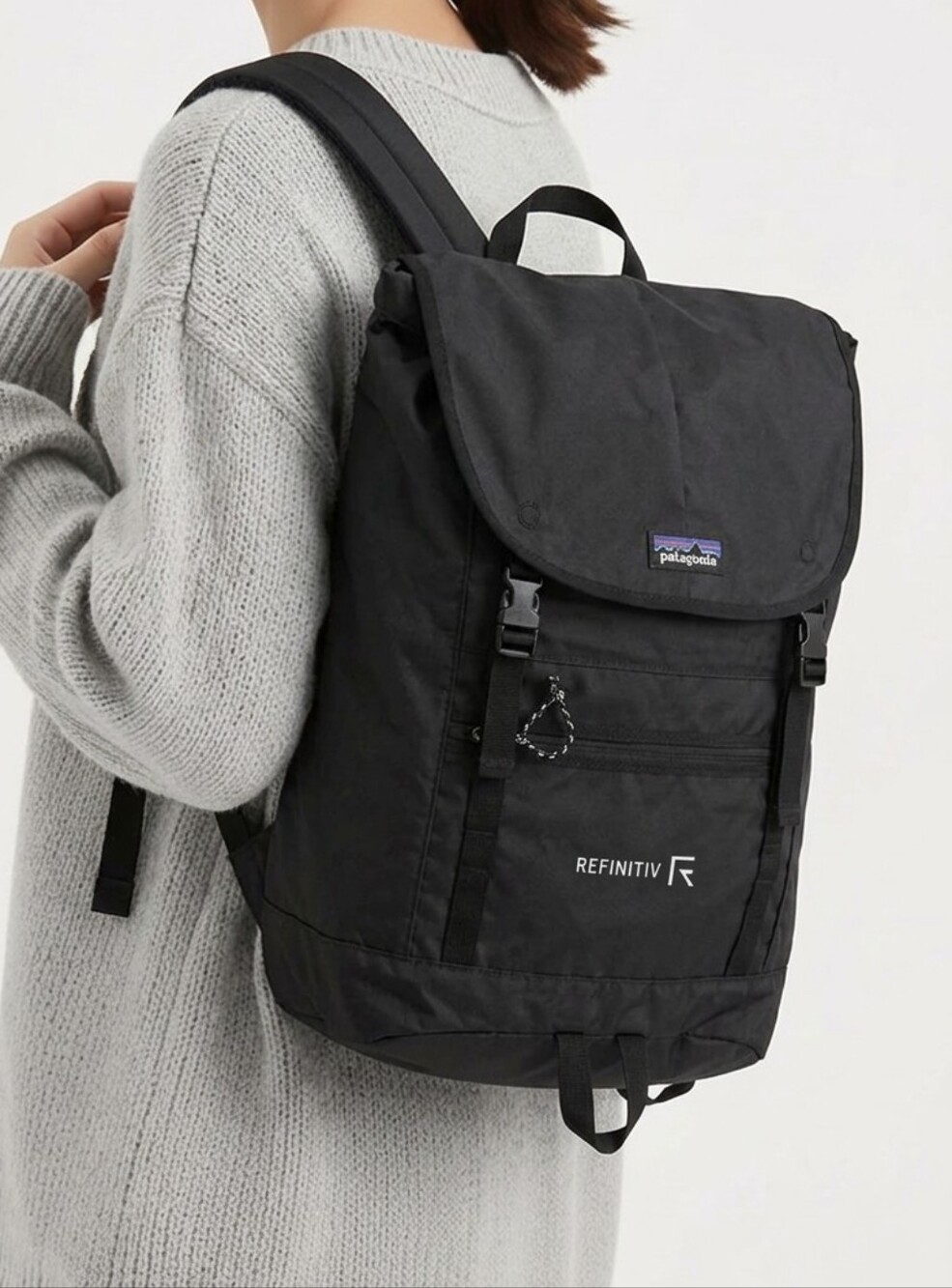 Patagonia Black Roll-Top Backpack with Refinitiv Logo